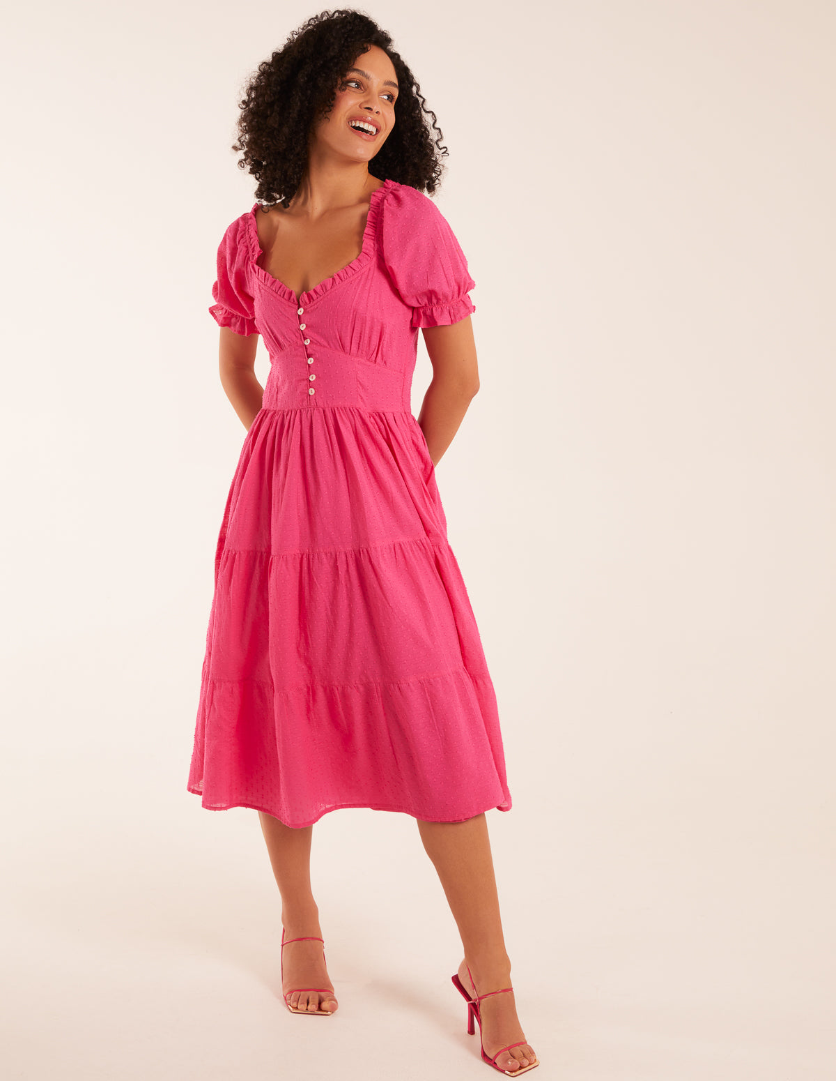 Puff Sleeve Button Through Midi Dress - 10 / PINK