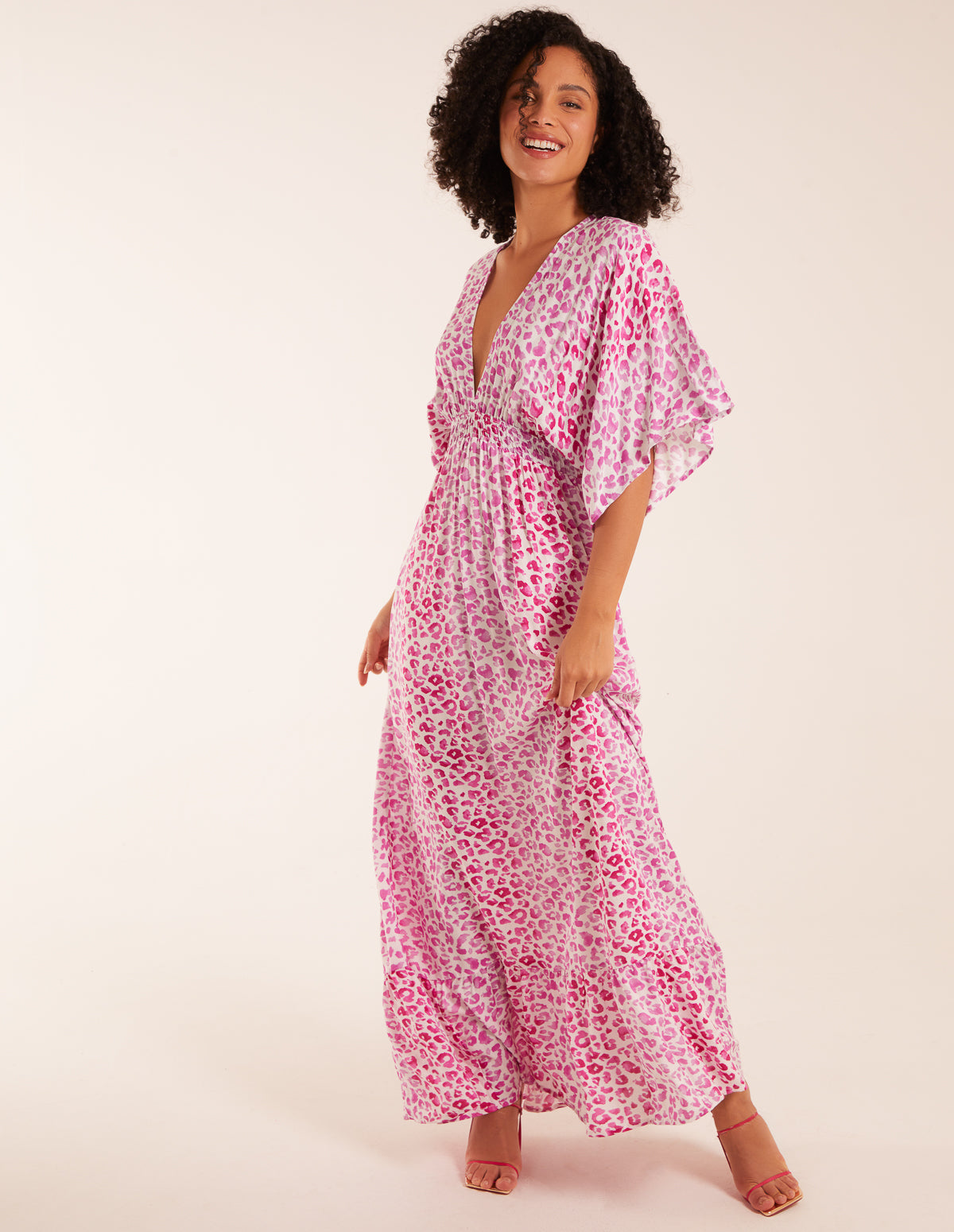 Elasticated Waist Tier Hem Angel Sleeve Maxi Dress 