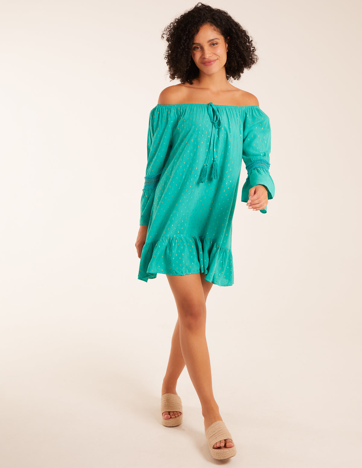 Bardot Tunic Dress With Frill Hem - ONE / JADE