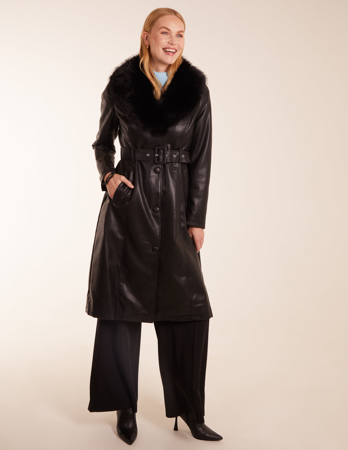 Longline Leather Look Faux Fur Coat - 16 / BLACK