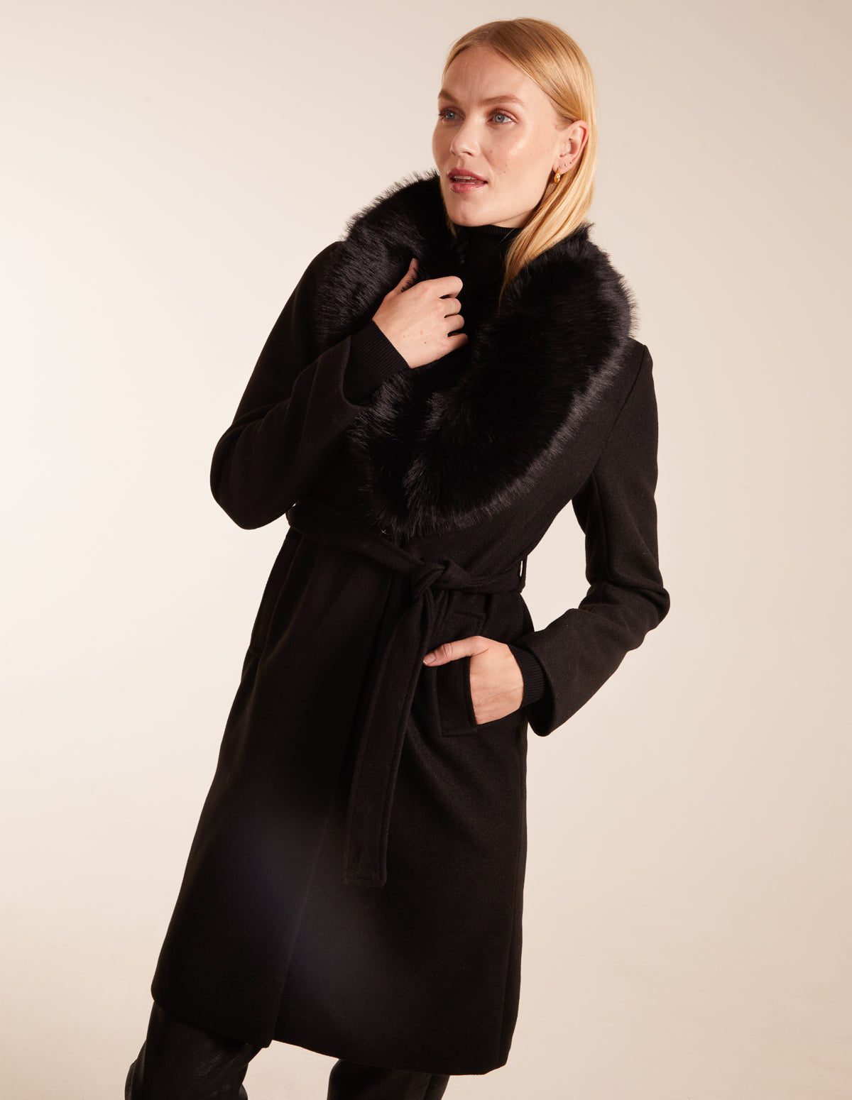 Faux Fur Collared Belted Coat 