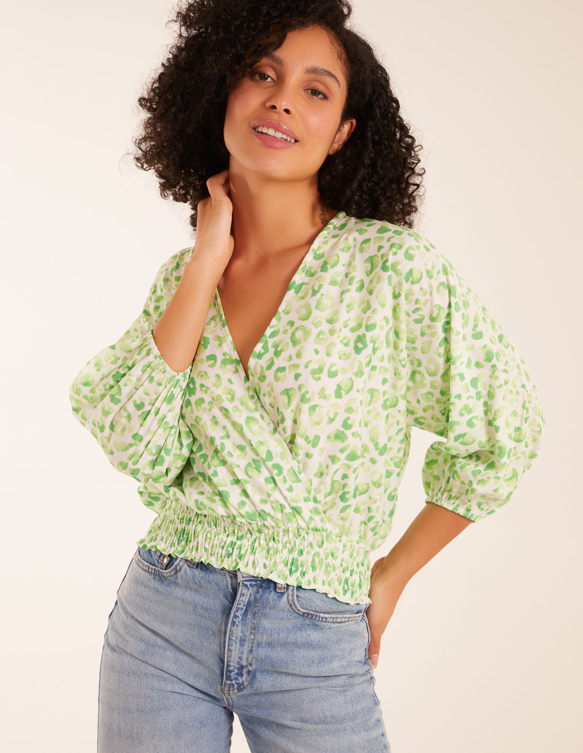 Elasticated Sleeve Wrap Front Elastic Hem Top - L / GREEN