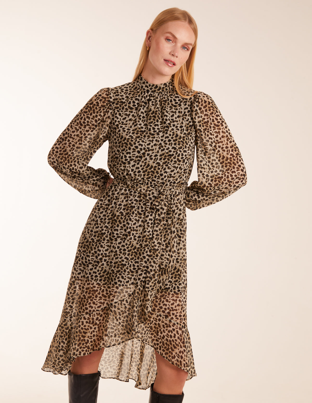 Leopard Print High Neck Wrap Frill Hem Midi Dress - 16 / KHAKI