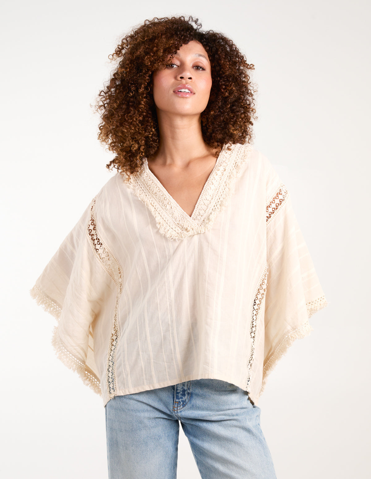 V Front Crochet Fringe Kimono Top 