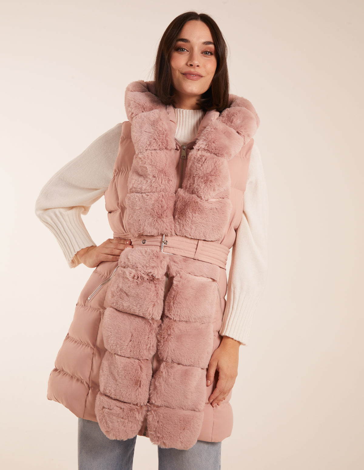 Faux Fur Detail Gilet - XL / PINK