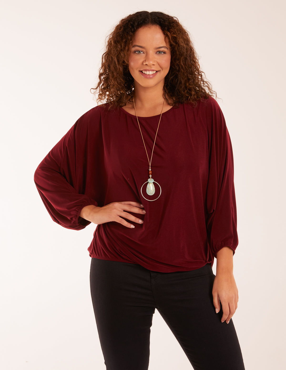 Batwing Necklace Elasticated Hem Top 