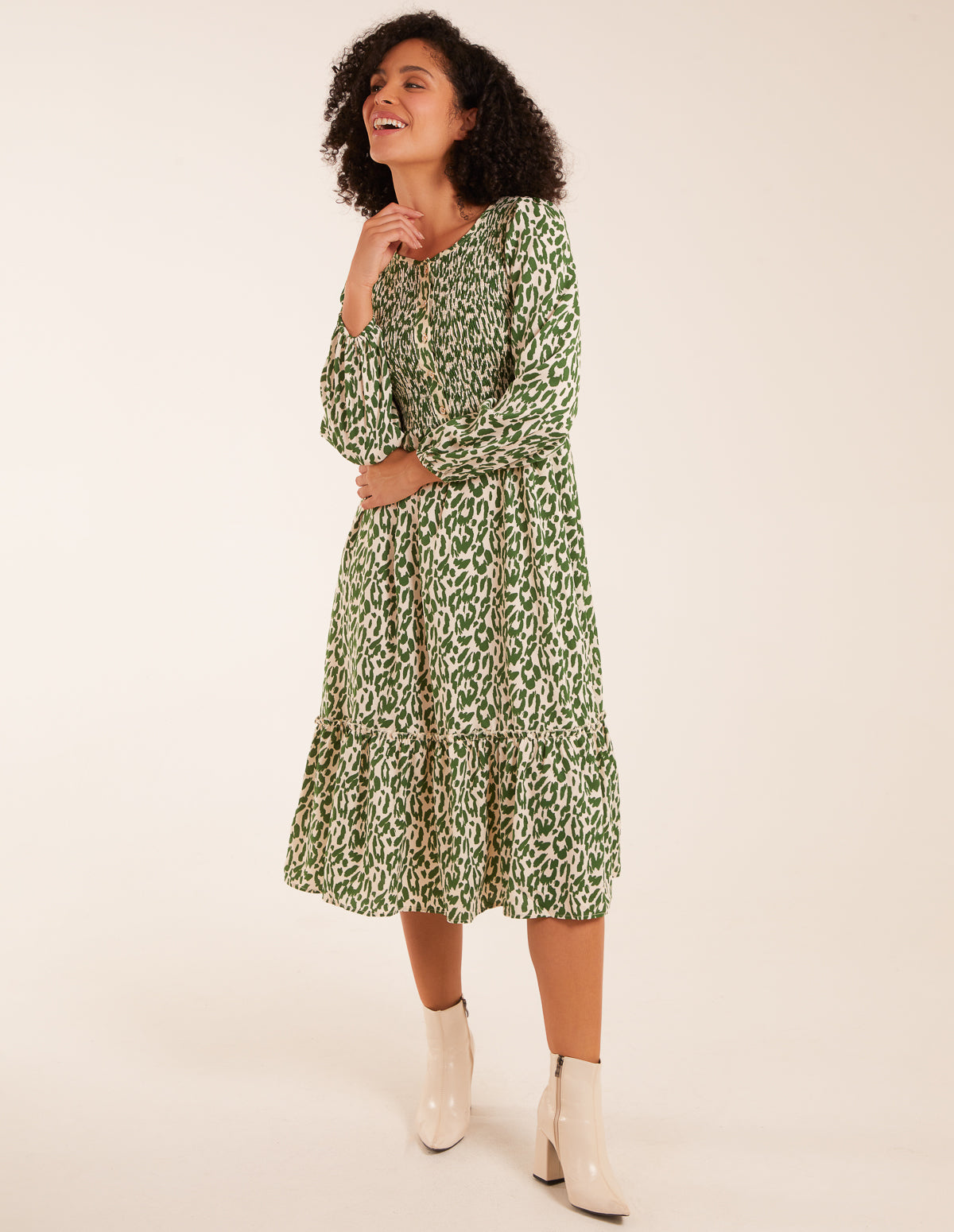 Animal Print Shirred Long Sleeve Midi Dress 