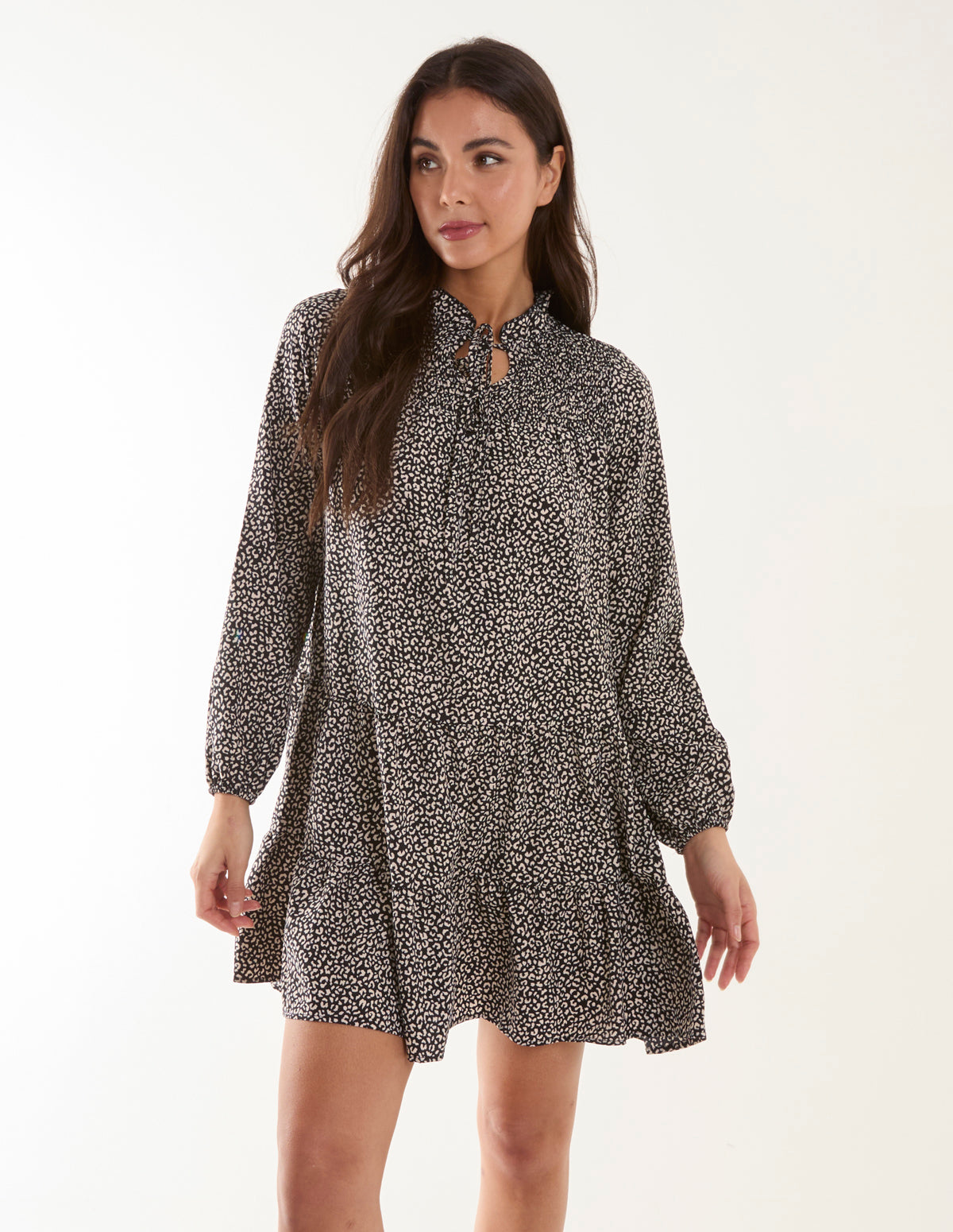 Shirred Cheetah Smock Dress 