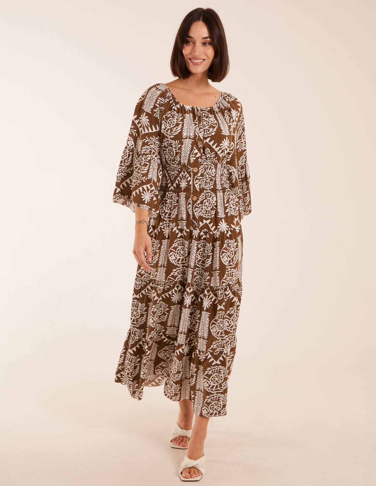 Print Button Front Scoop Neck Maxi Dress 