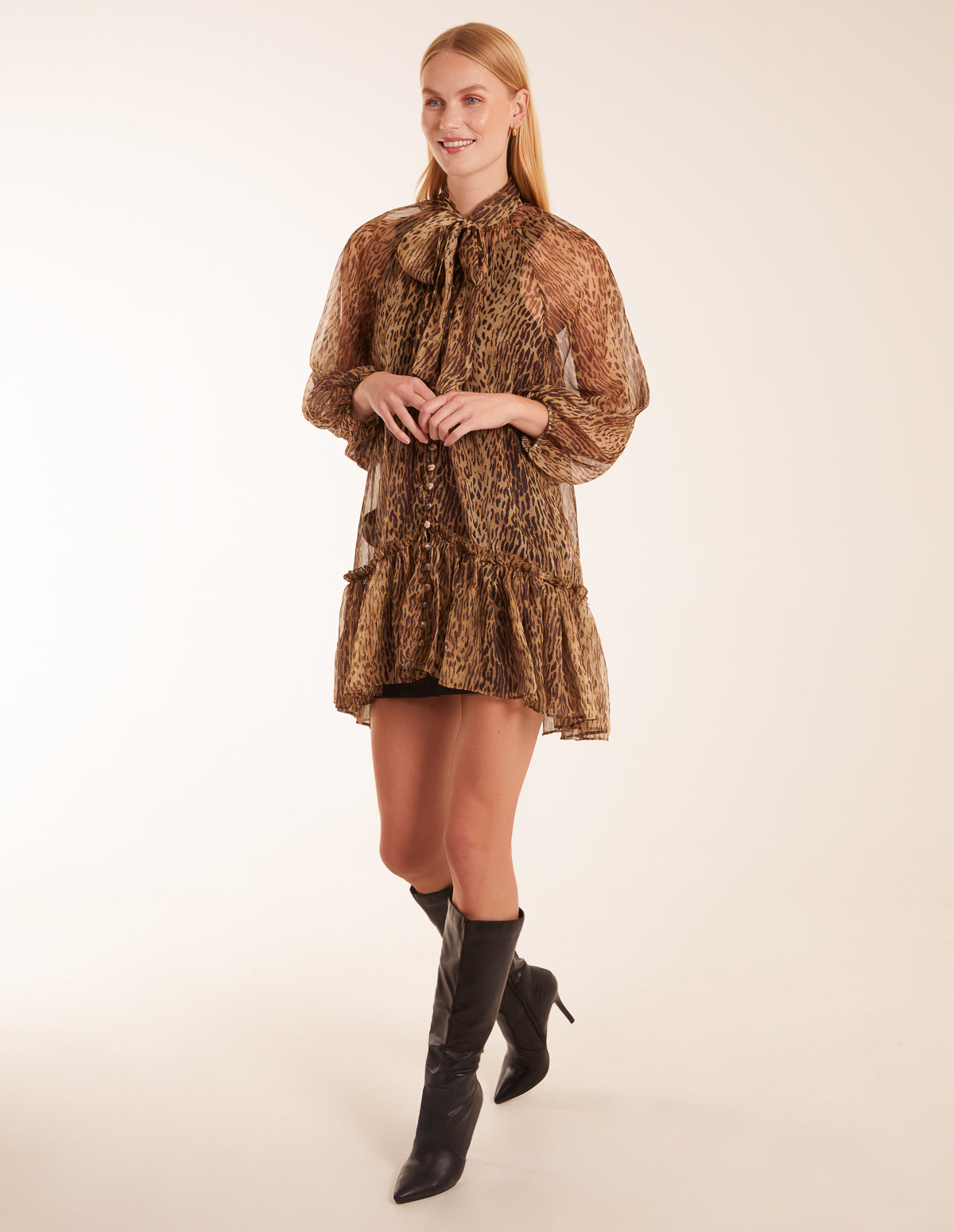 Leopard Print Pussy Bow Frill Shirt Dress 