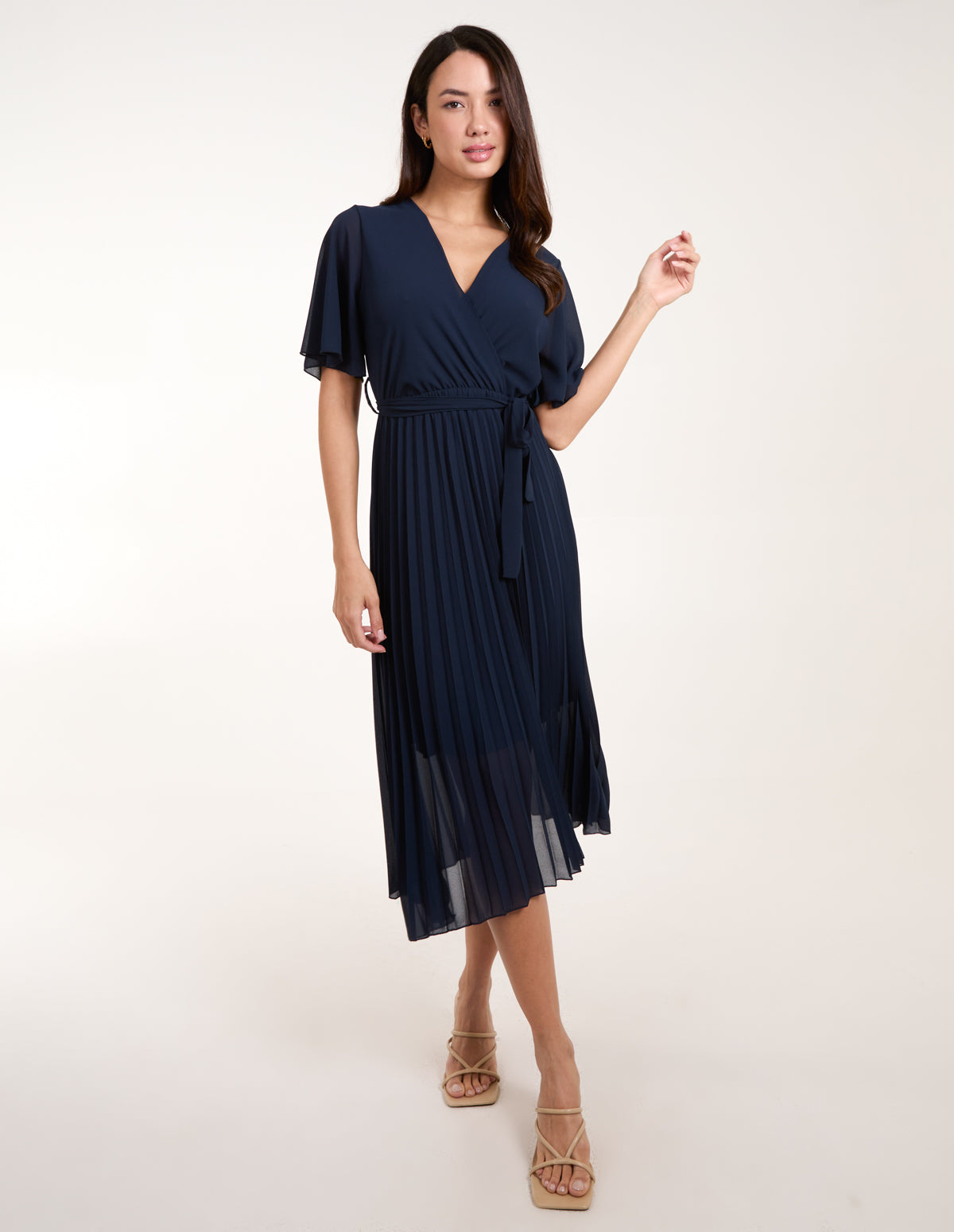 Pleated Wrap Over Belted Dress 