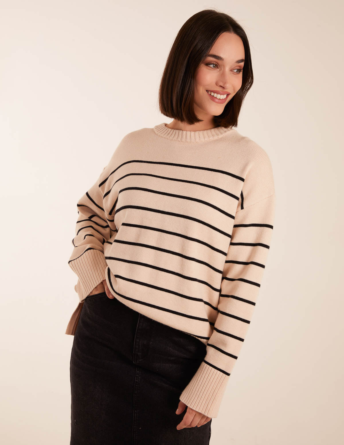 Thin Stripe Crew Neck Chunky Jumper - M / STONE