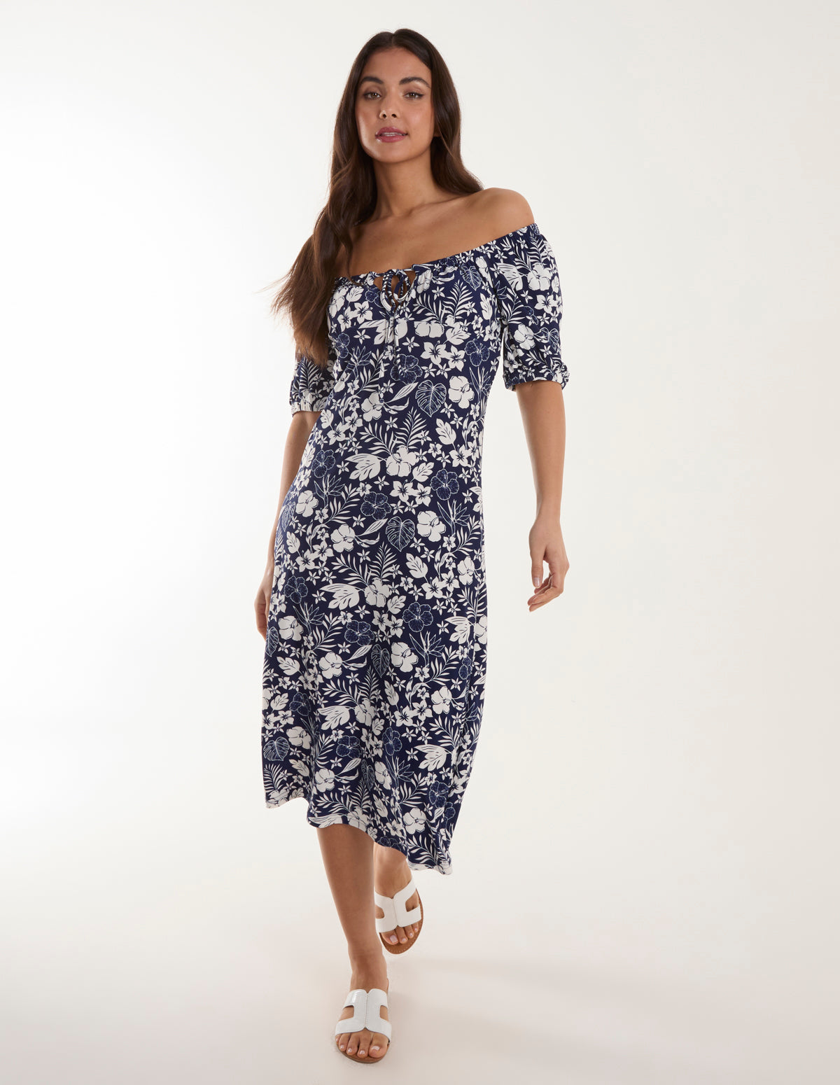 Elasticated Detail Floral Midi Dress 