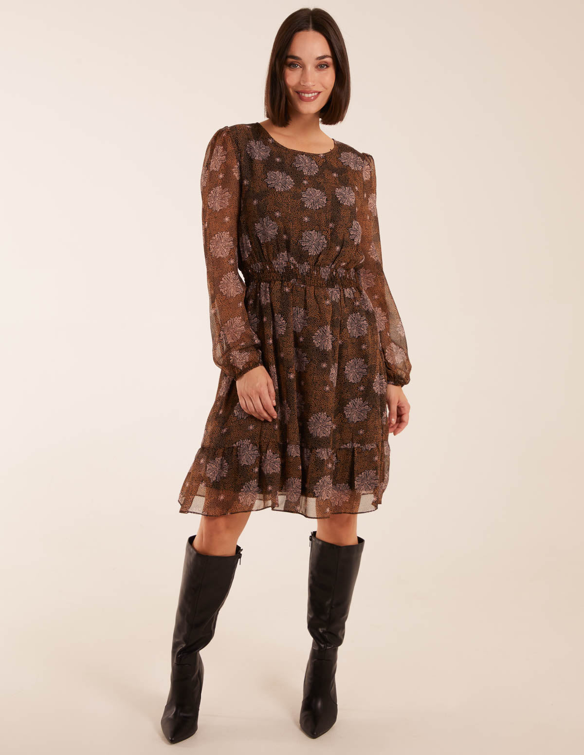 Shirred Mini Dress - 16 / BROWN PATTERN