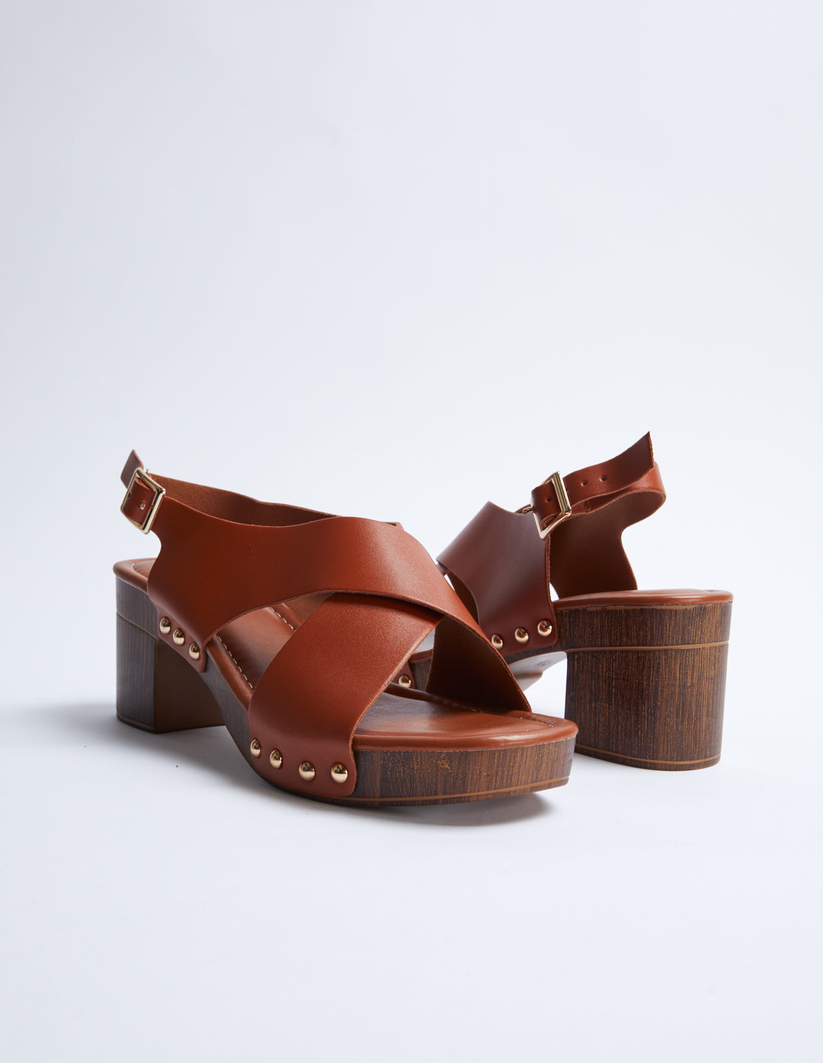 Tan Wood Heel Platform Sandals 