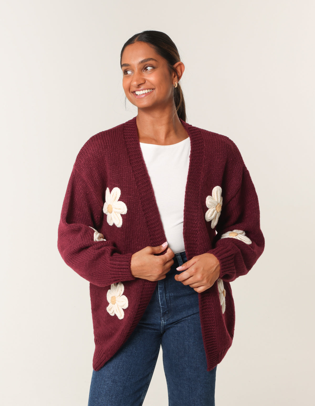 Daisy Large Flower Cardigan - S/M / WINE