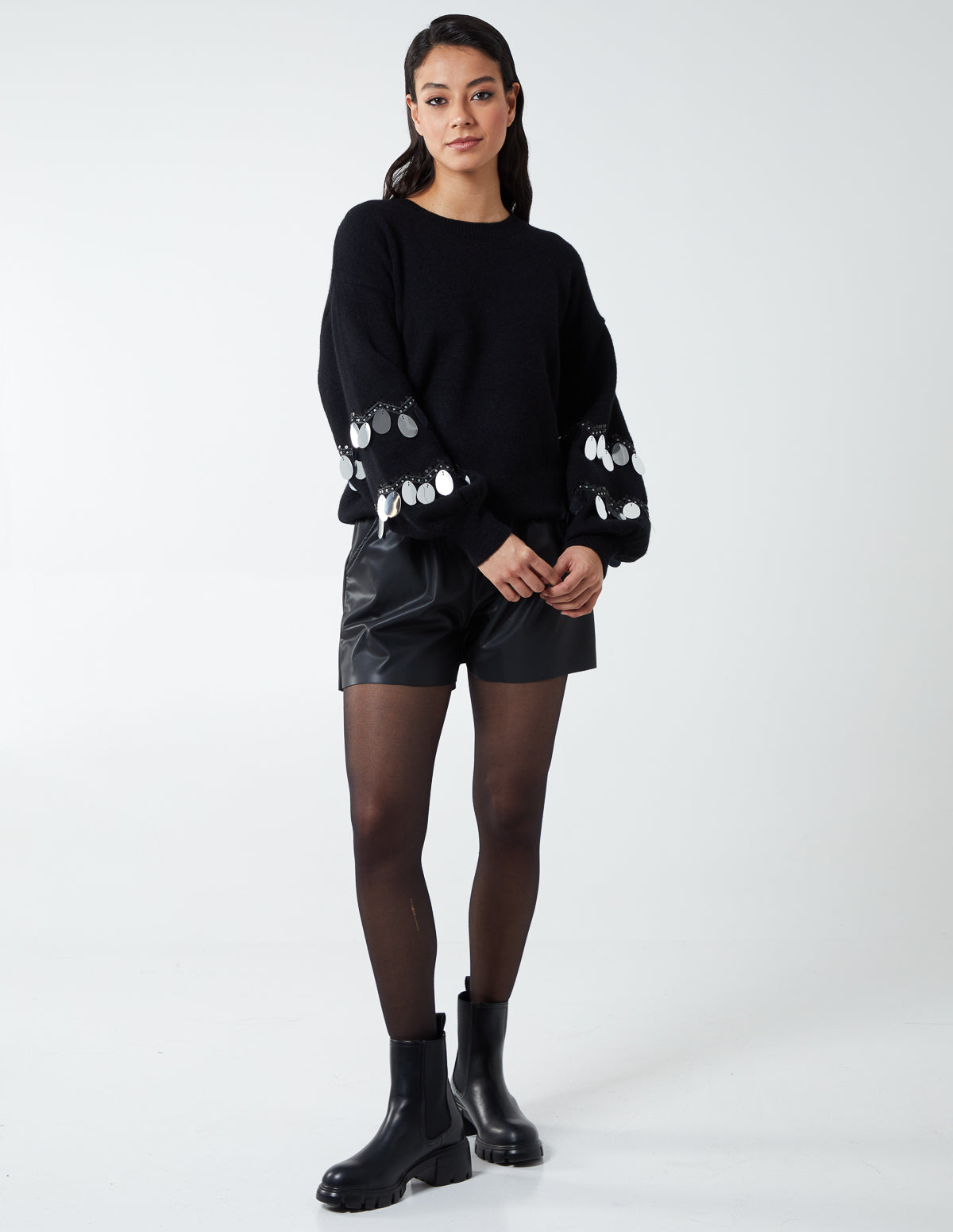 LEENA - Sequin Balloon Sleeve Jumper - S/M / BLACK