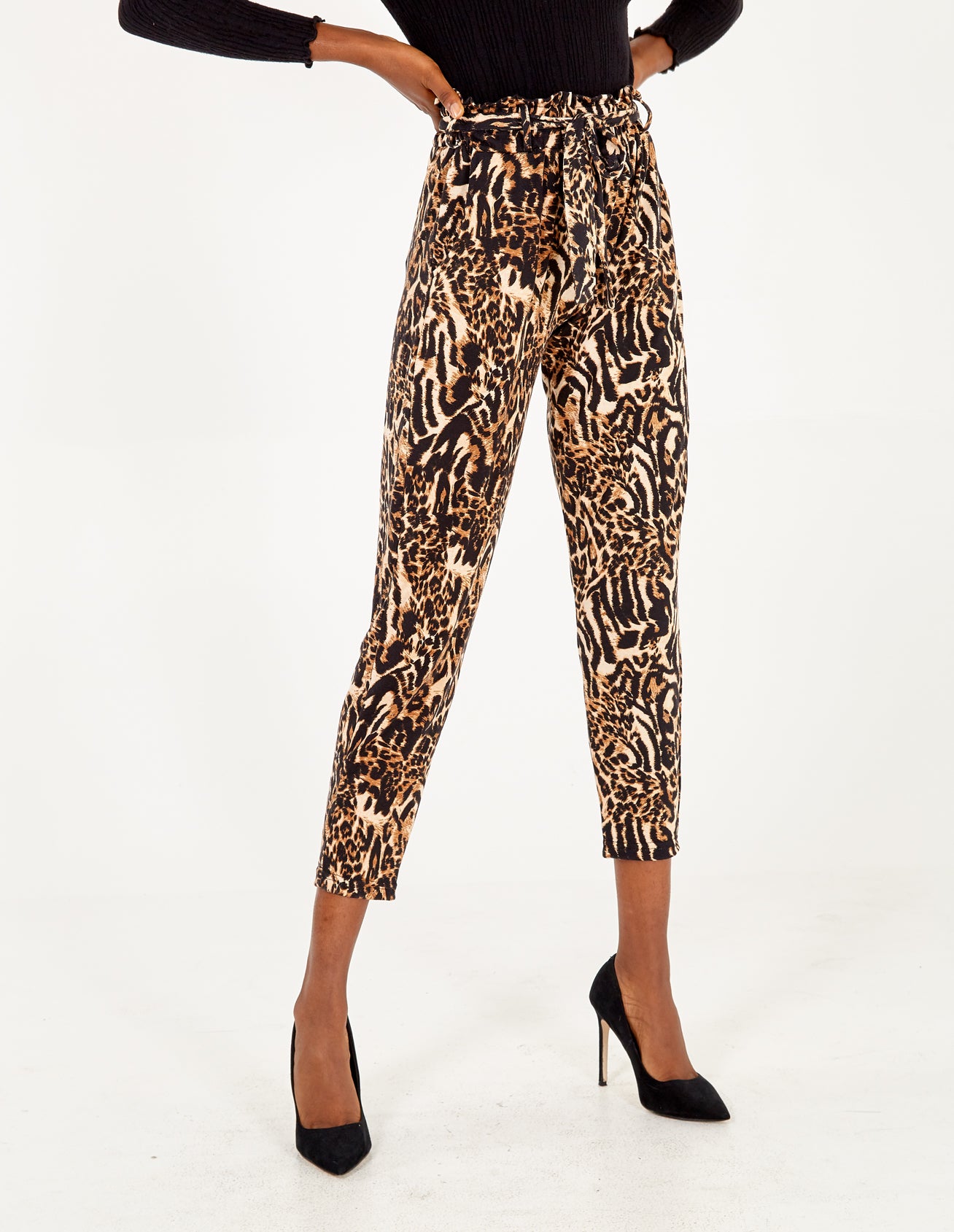 Abstract Animal Print Paperbag Waist Trousers 