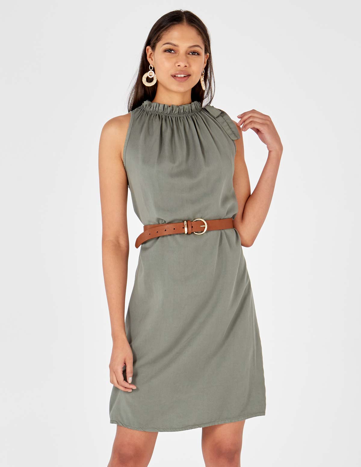 Bow Halterneck Khaki Dress 