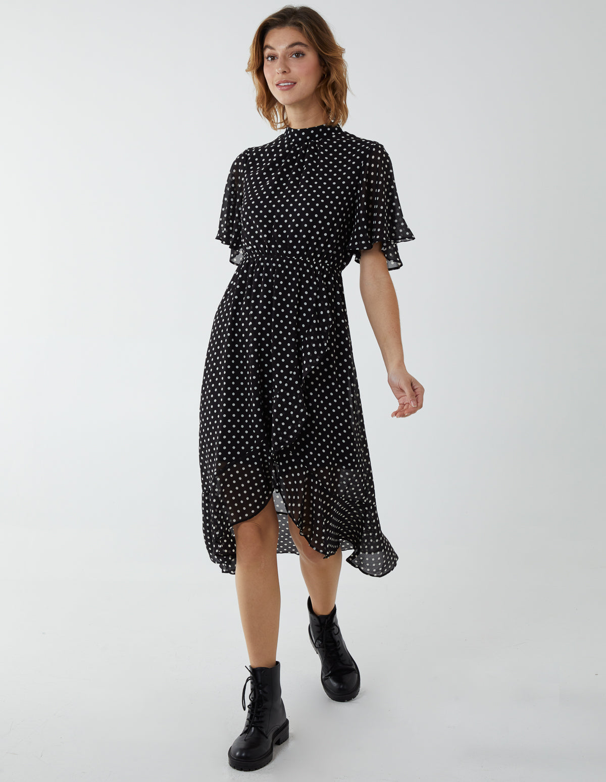 Blouson Wrap Skirt Ruffle Midi Dress 