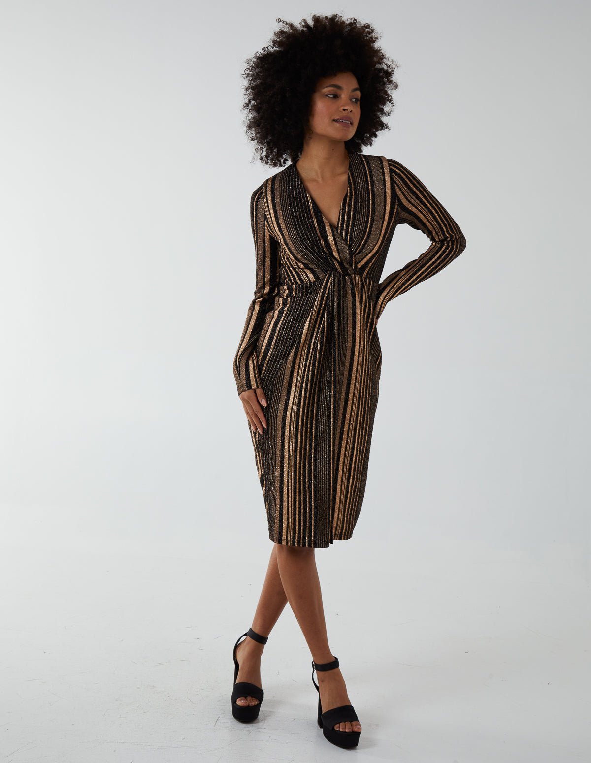 Foil Stripes Twist Front Midi Dress 