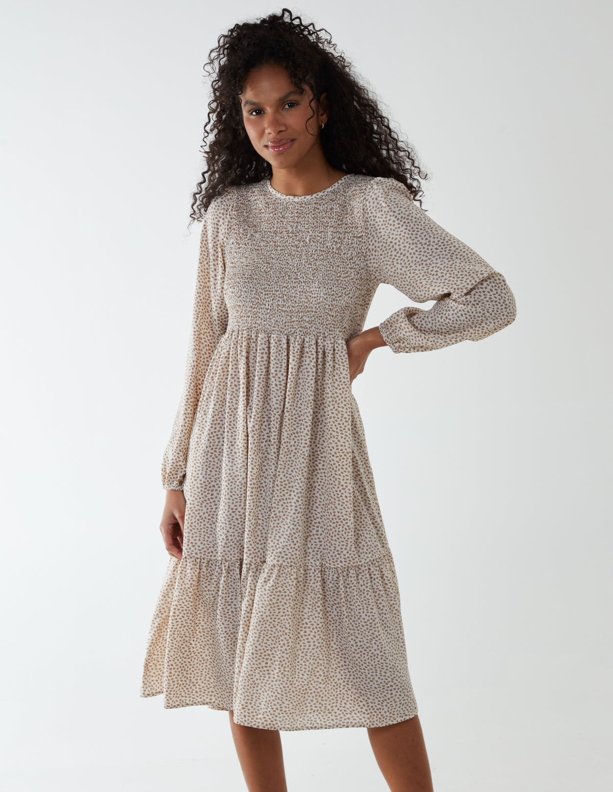 Floral Long Sleeve Tiered Dress - 12 / Cream/Camel