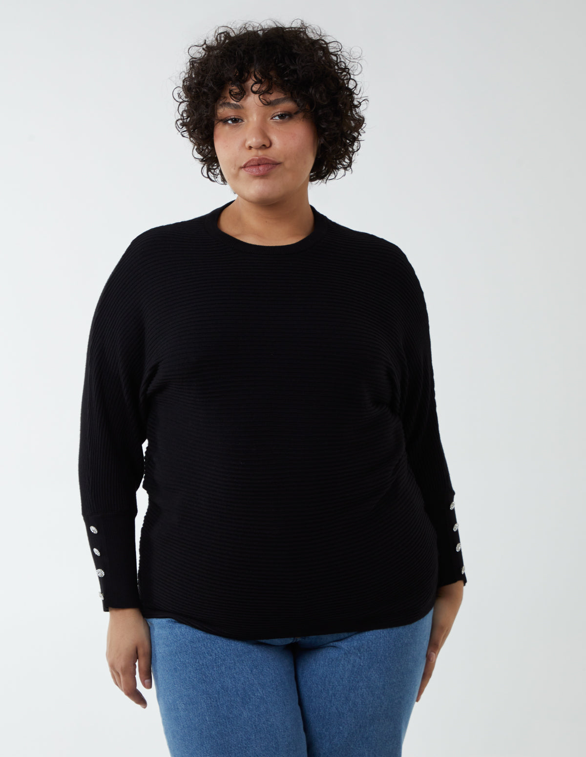 Curve Button Cuff Ribbed Jumper 