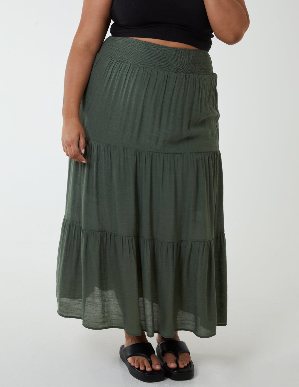 Curve Tiered Shirred Maxi Skirt - 22/24 / KHAKI