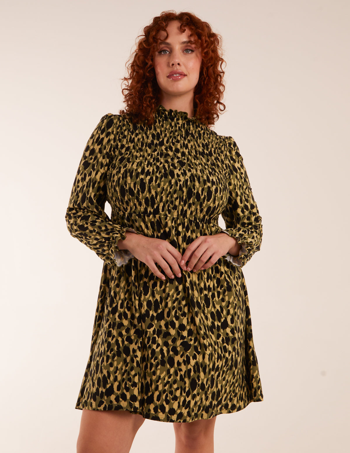 Curve Leopard Print Shirred Trapeze Mini Dress - 20 / GREEN