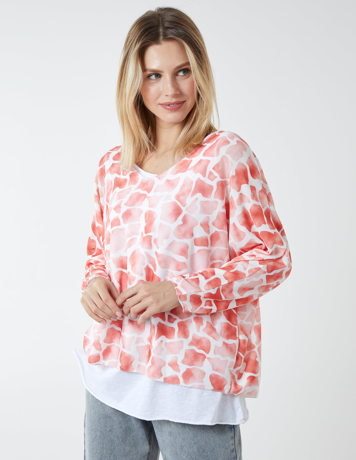 FARRAH - Giraffe Print 2 In 1 Batwing Top 