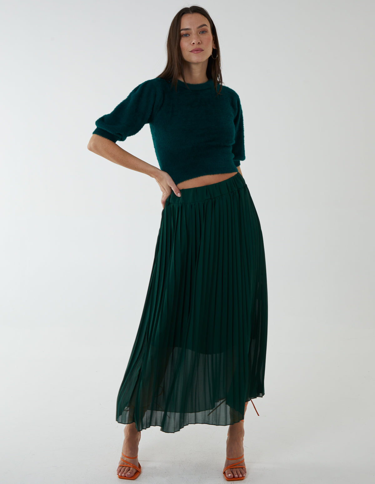 Pleated Deep Waist Band Midi Skirt 