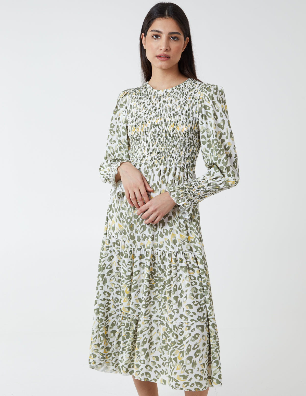 Leopard Print Shirring Detail Long Sleeve Dress 