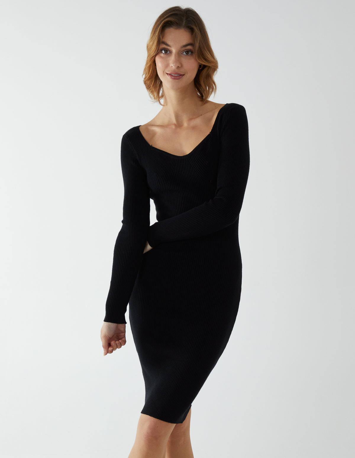 Ribbed Sweetheart Neck Midi Dress - L / BLACK