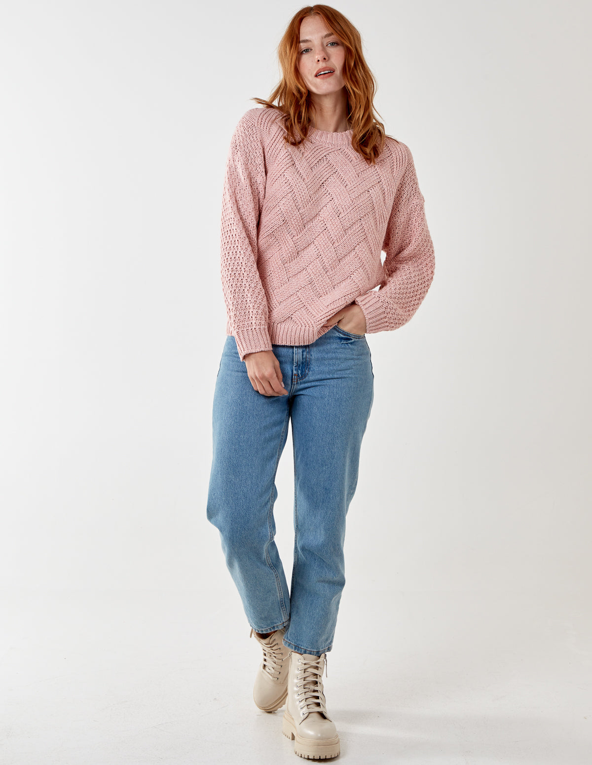 SALLY - Cable Knit Front Detail Jumper - M / PINK
