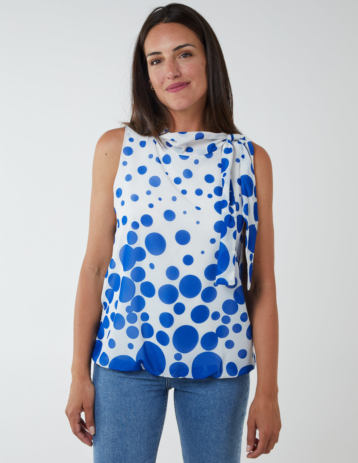 HAREEM - Sleeveless Polka Dot Top With Tie Neck 