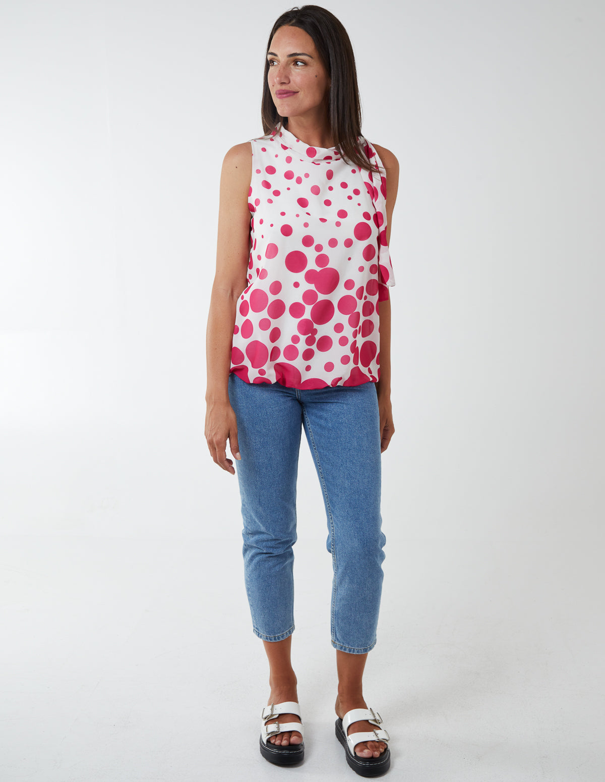 HAREEM - Sleeveless Polka Dot Top With Tie Neck 