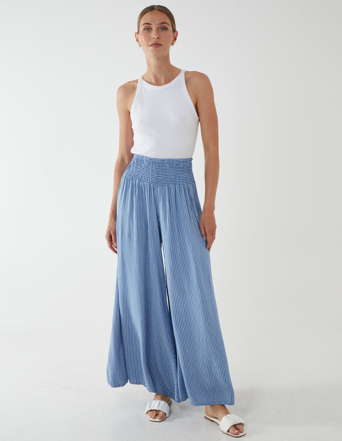 KYLA - Stripe Wide Leg Trouser With Elasticated Waist - S/M / DENIM