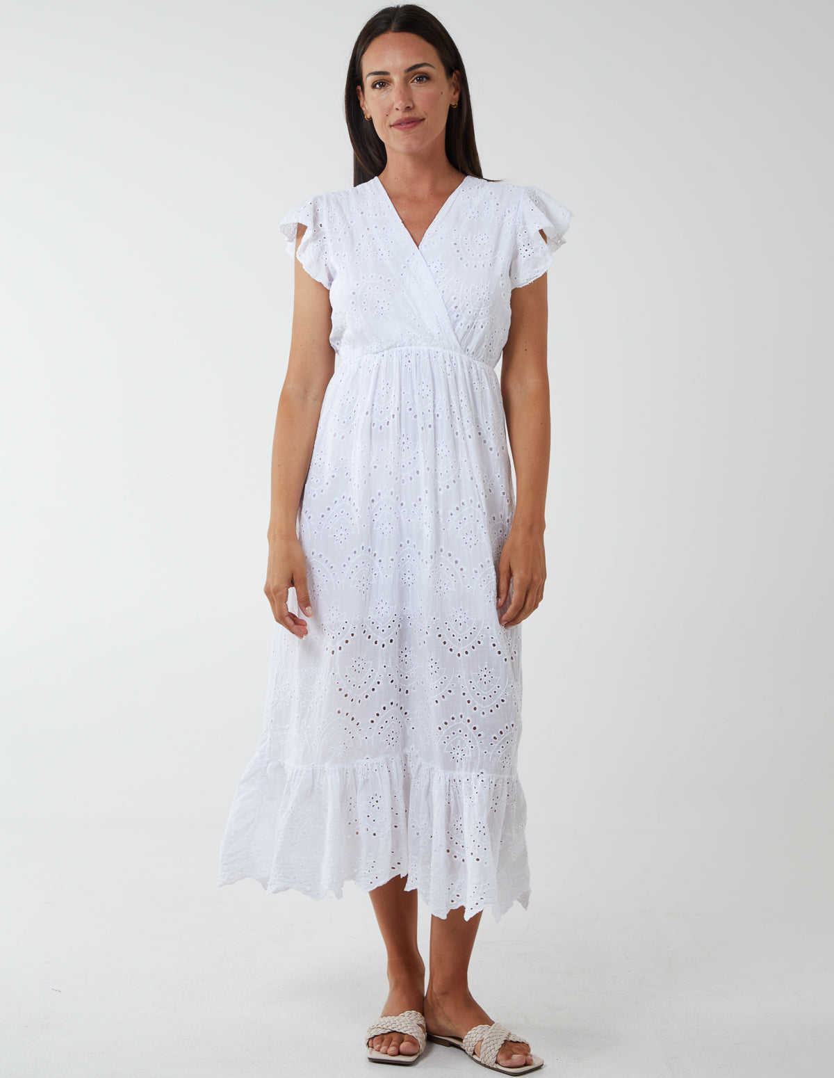 V Neck Embroidery Anglaise Maxi Dress 