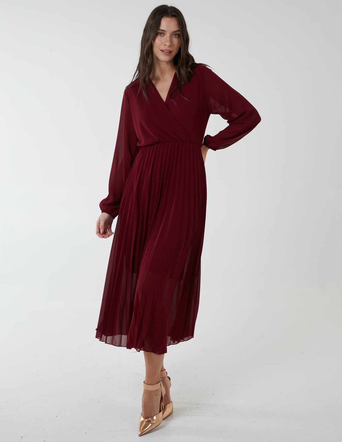 Collar V-Neck Pleated Midi Dress 