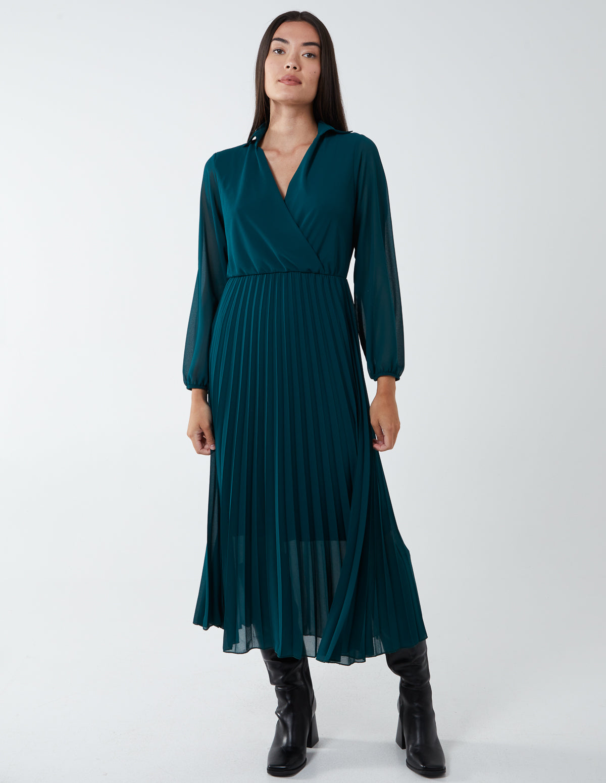 Collar V-Neck Pleated Midi Dress 