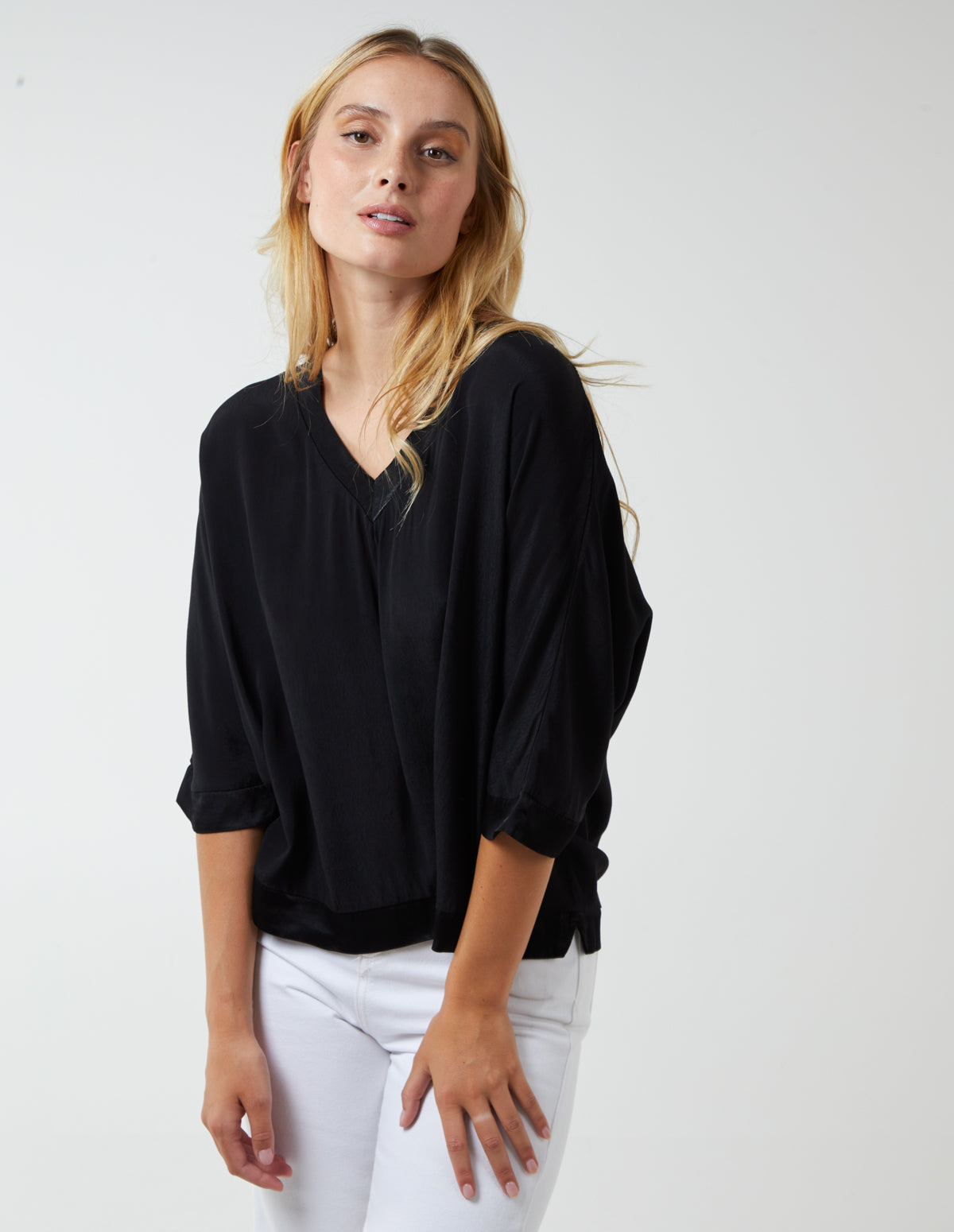 ELLIE - Satin Trim V Neck Top 