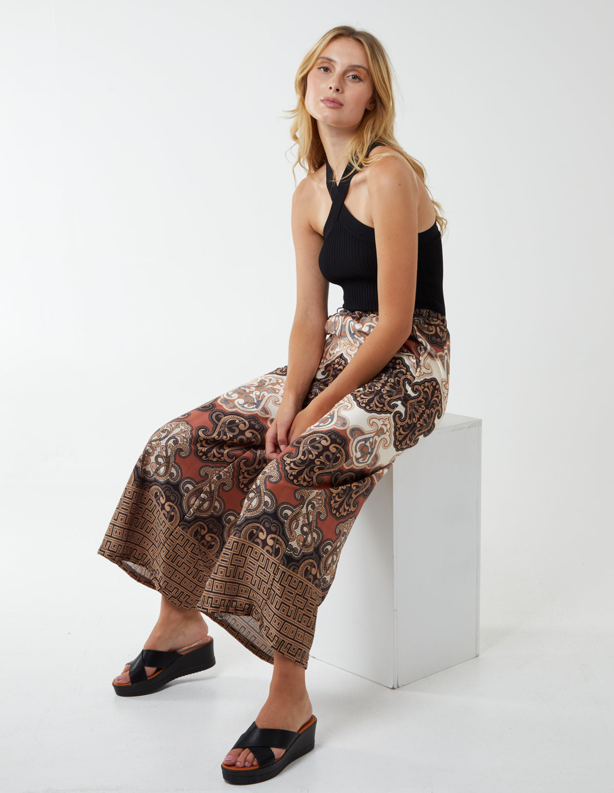 DAVINA - Border Print Satin Belted Trouser 