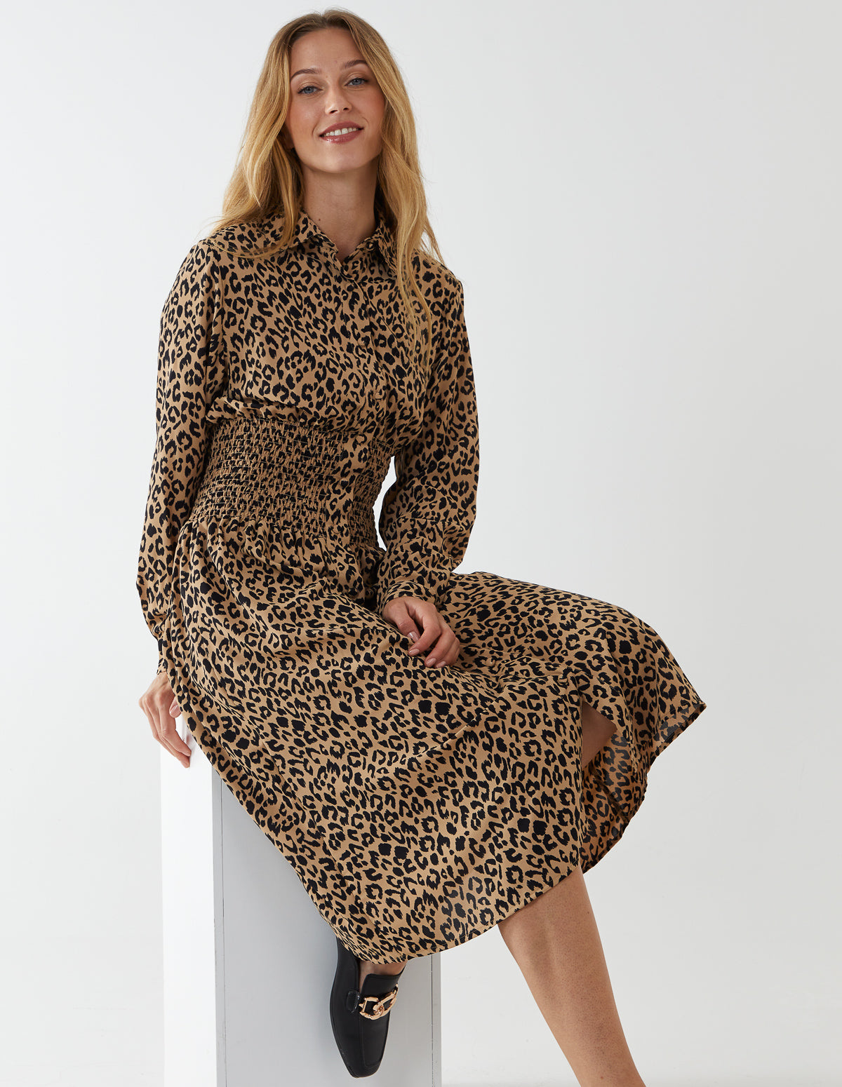 Ruched Waist Animal Shirt Dress 