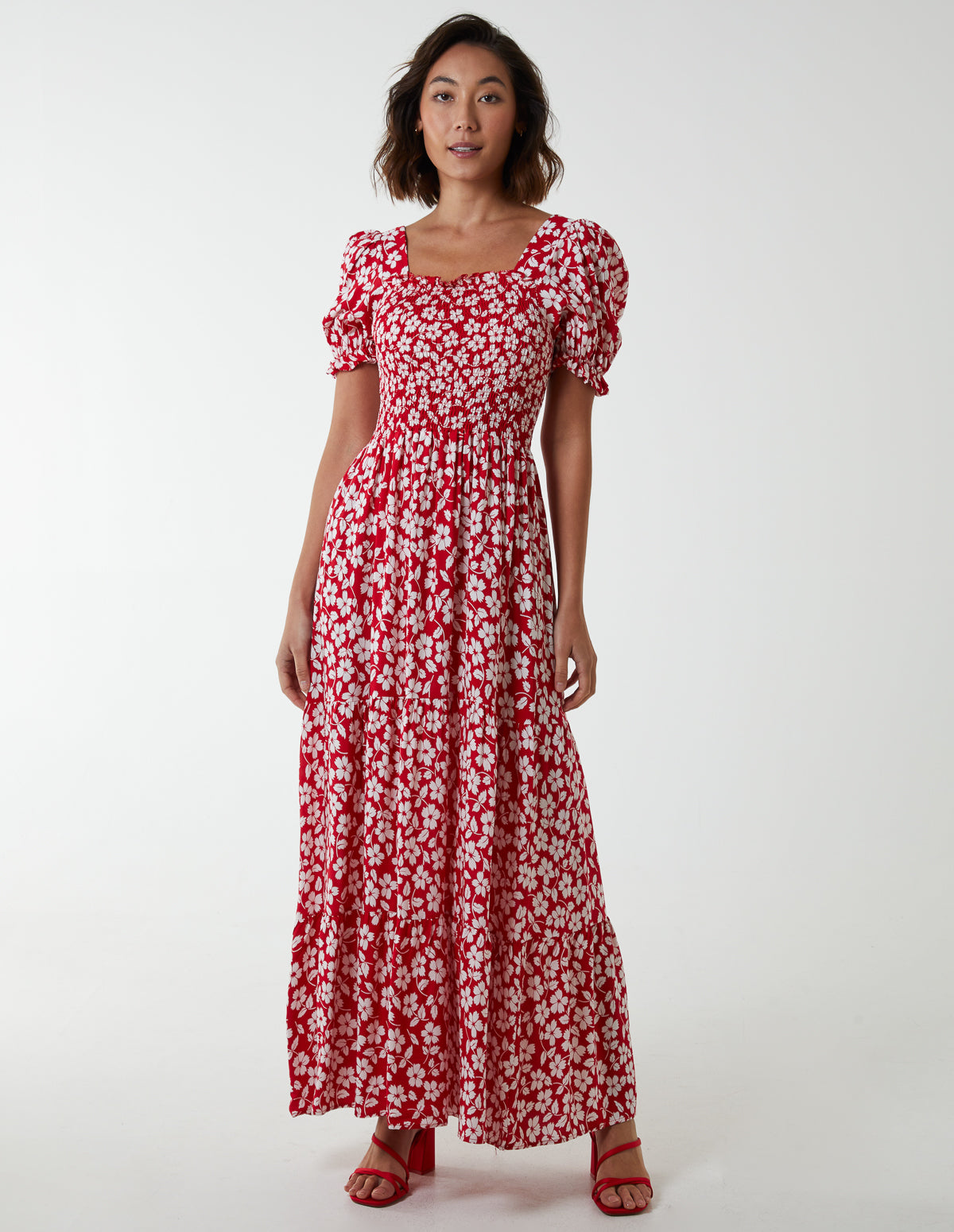 Square Neck Short Puff Sleeve Maxi Dress - 10 / RED