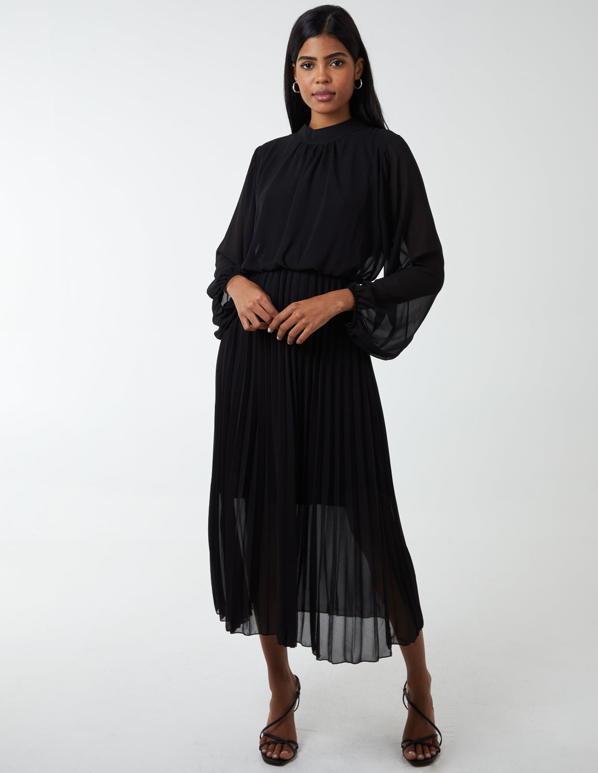 High Neck Pleated Midi Dress 