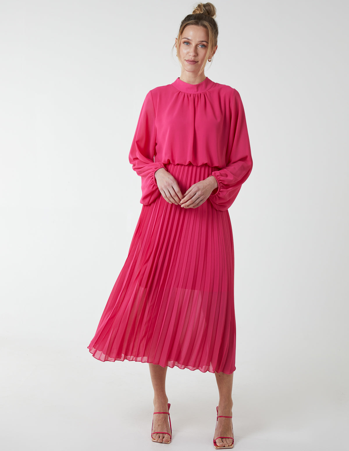 High Neck Pleated Midi Dress 