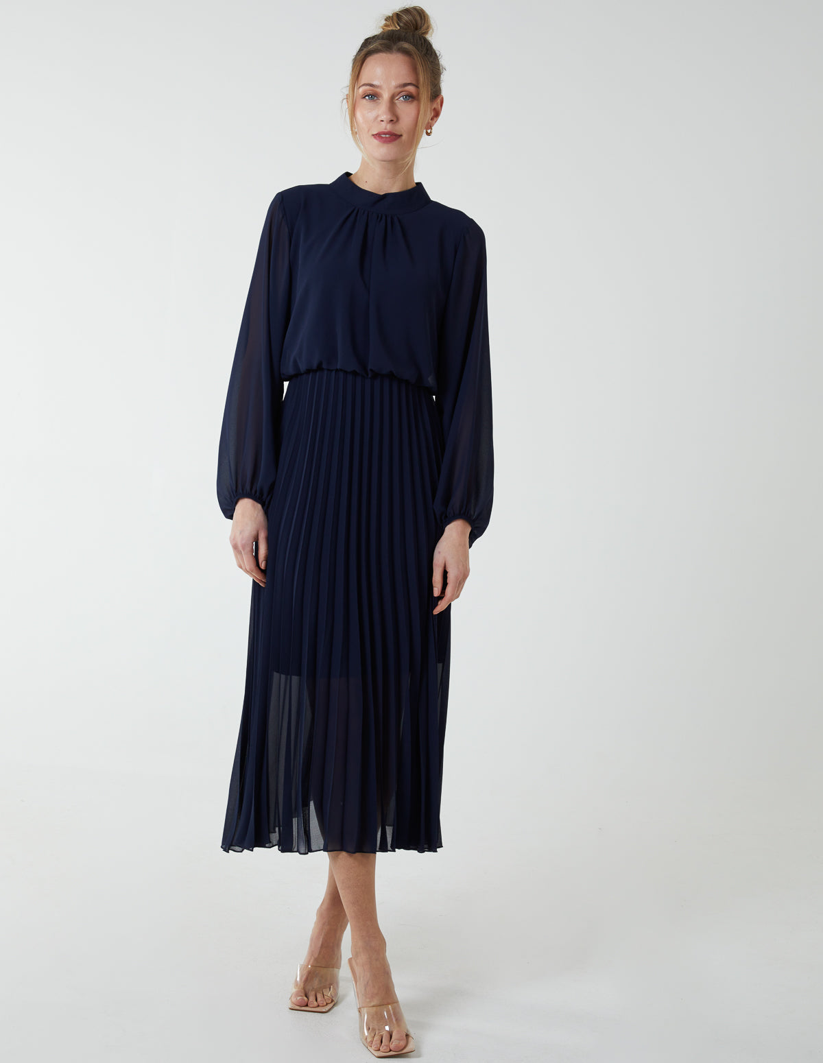 High Neck Pleated Midi Dress 