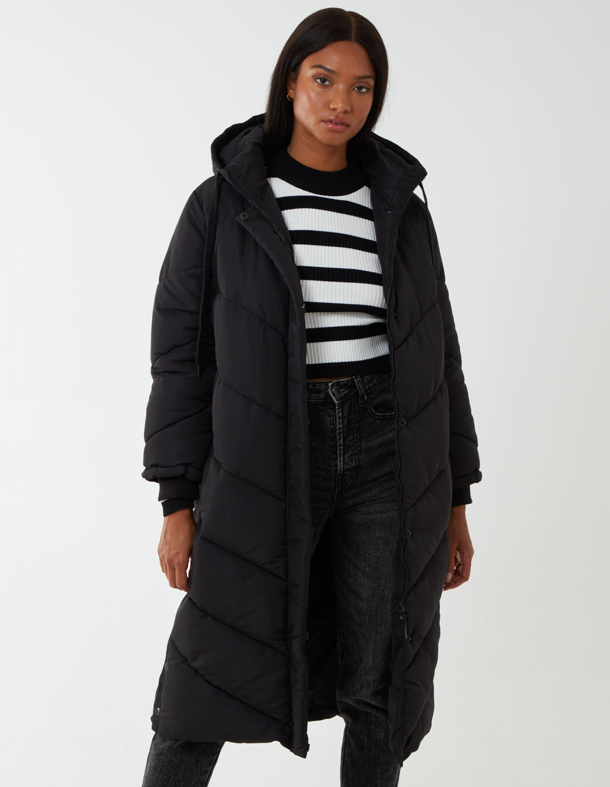 Chevron Midi Quilted Coat - 12 / BLACK