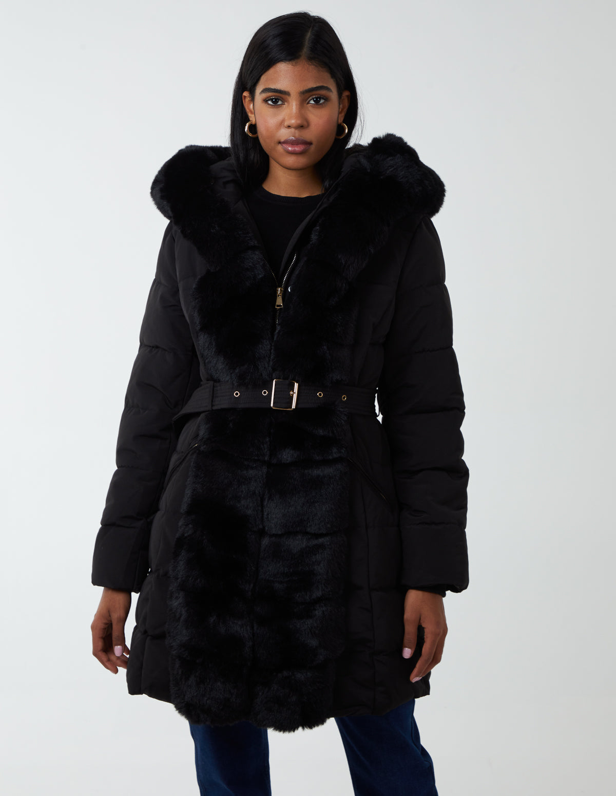 Belted Faux Fur Coat - M / BLACK