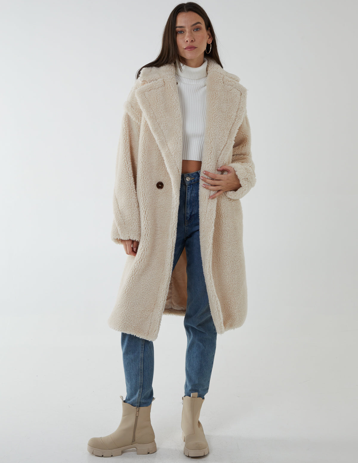 Drop Shoulder Midi Teddy Coat 